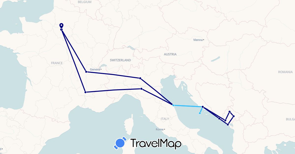 TravelMap itinerary: driving, boat in France, Croatia, Italy, Montenegro (Europe)